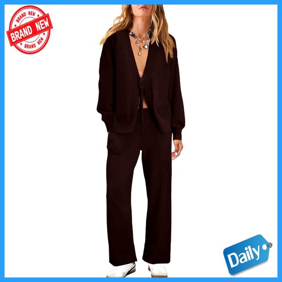 Women's 2-Piece Sweater Set V-Neck Cardigan Pant Loungewear Pajama Outfit